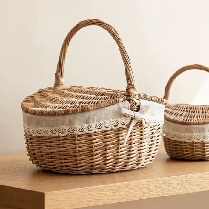 Panier de rangement tissé, panier en saule avec poignée et couvercle, panier de pique-nique en osier