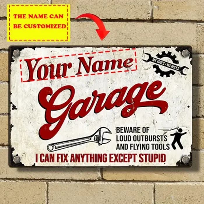 Panneau de garage rétro en aluminium de style vintage – Texte personnalisé, décoration murale person