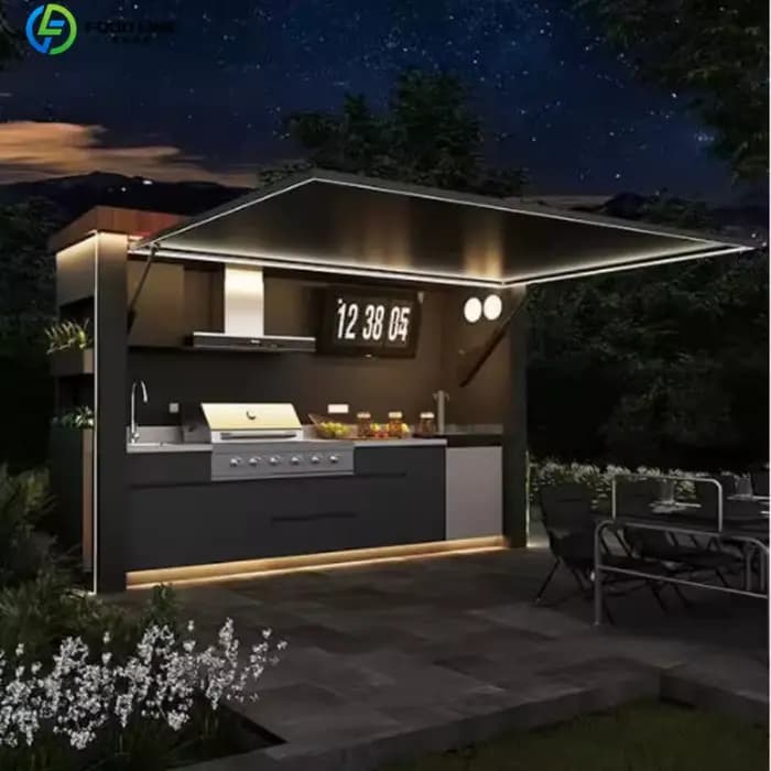 Abri de cuisine extérieure modulaire, pavillon fermé, résistant aux intempéries, avec espace de prép