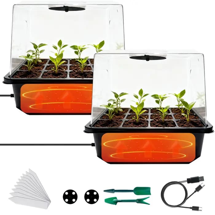 Lot de 2 plateaux chauffants pour semis avec dômes d'humidification, 24 cellules chacun, kit de déma
