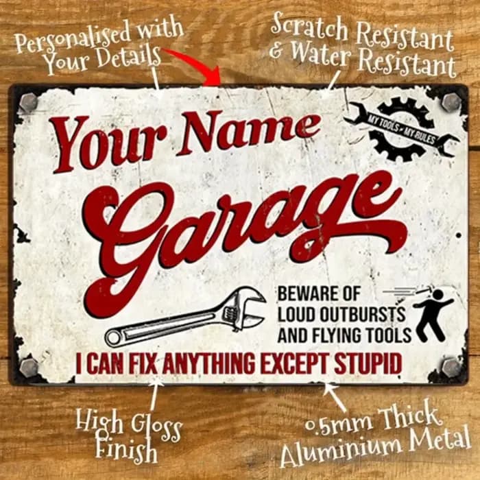 Panneau de garage rétro en aluminium de style vintage – Texte personnalisé