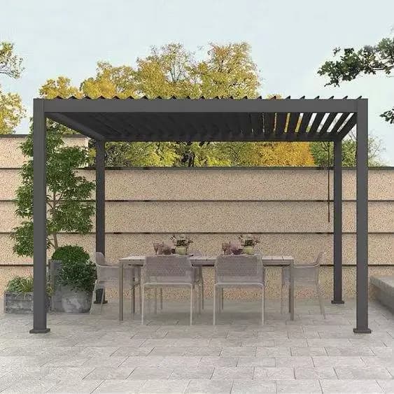 Pergola à persiennes en métal avec toit motorisé et lumières LED – Housse de patio de jardin extérieure étanche avec télécommande