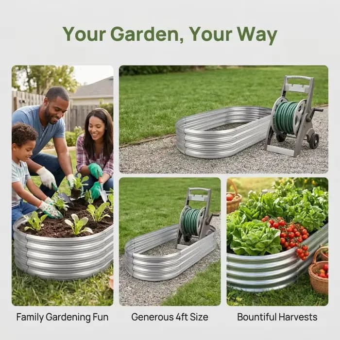 Bac à Jardin Surélevé pour Balcon Grand Espace Forme Ovale Galvanisé Anti-Rouille Usage Domestique 4x2FT Un Pack