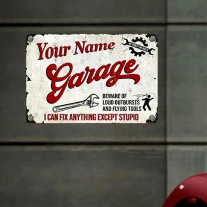 Panneau de garage rétro en aluminium de style vintage – Texte personnalisé