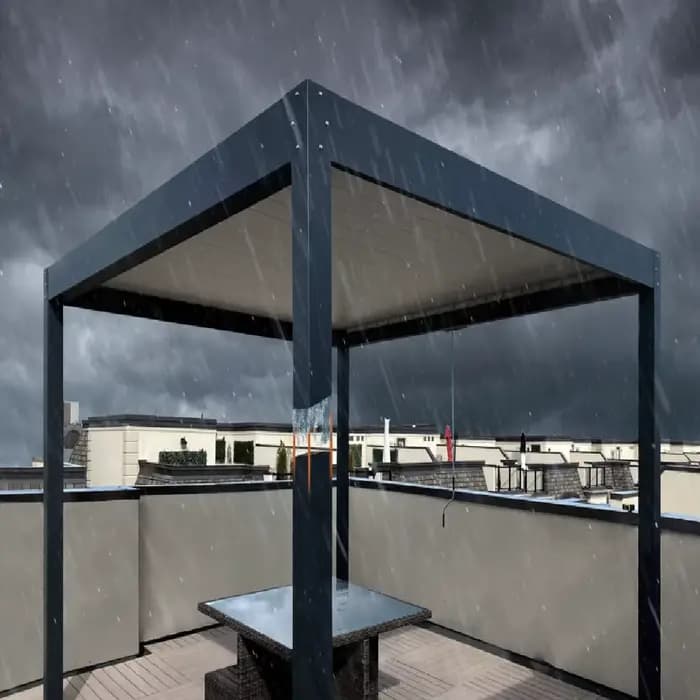 Pergola bioclimatique en aluminium avec persiennes réglables et portes coulissantes en verre – Idéal pour les salons sur le toit ou les balcons modernes