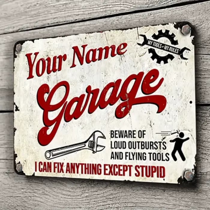 Panneau de garage rétro en aluminium de style vintage – Texte personnalisé