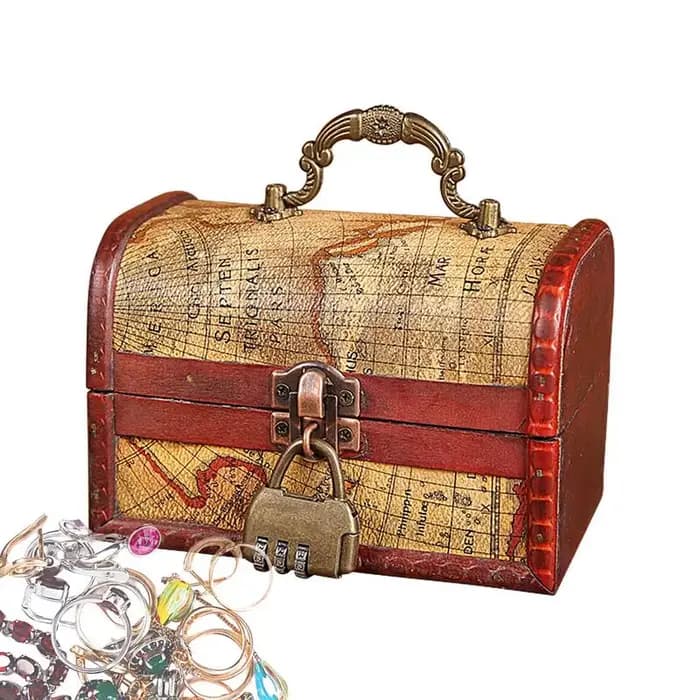 Petite coffre en bois, boîte de rangement de Pirate avec serrure et poignée