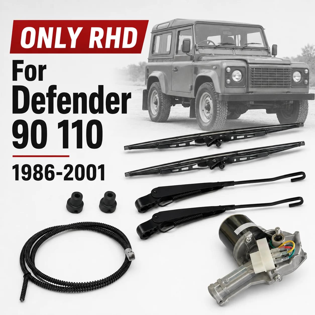 Bras d'essuie-glace avant + adaptateur + lame et kit moteur et câble UNIQUEMENT RHD pour Land Rover 