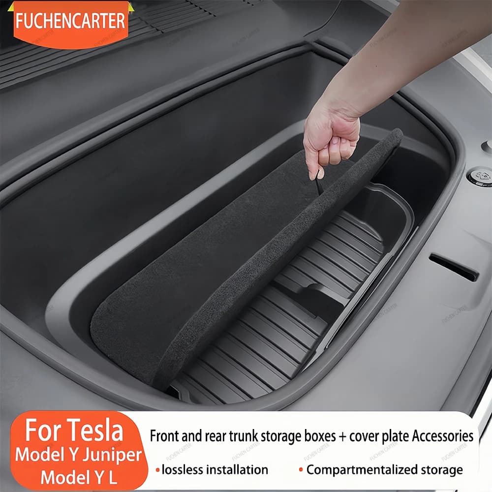 Pour Tesla Model YL Model Y Juniper 2025-2026 Boîte de rangement double niveau pour coffre avant et arrière, organisateur de bagages, accessoires