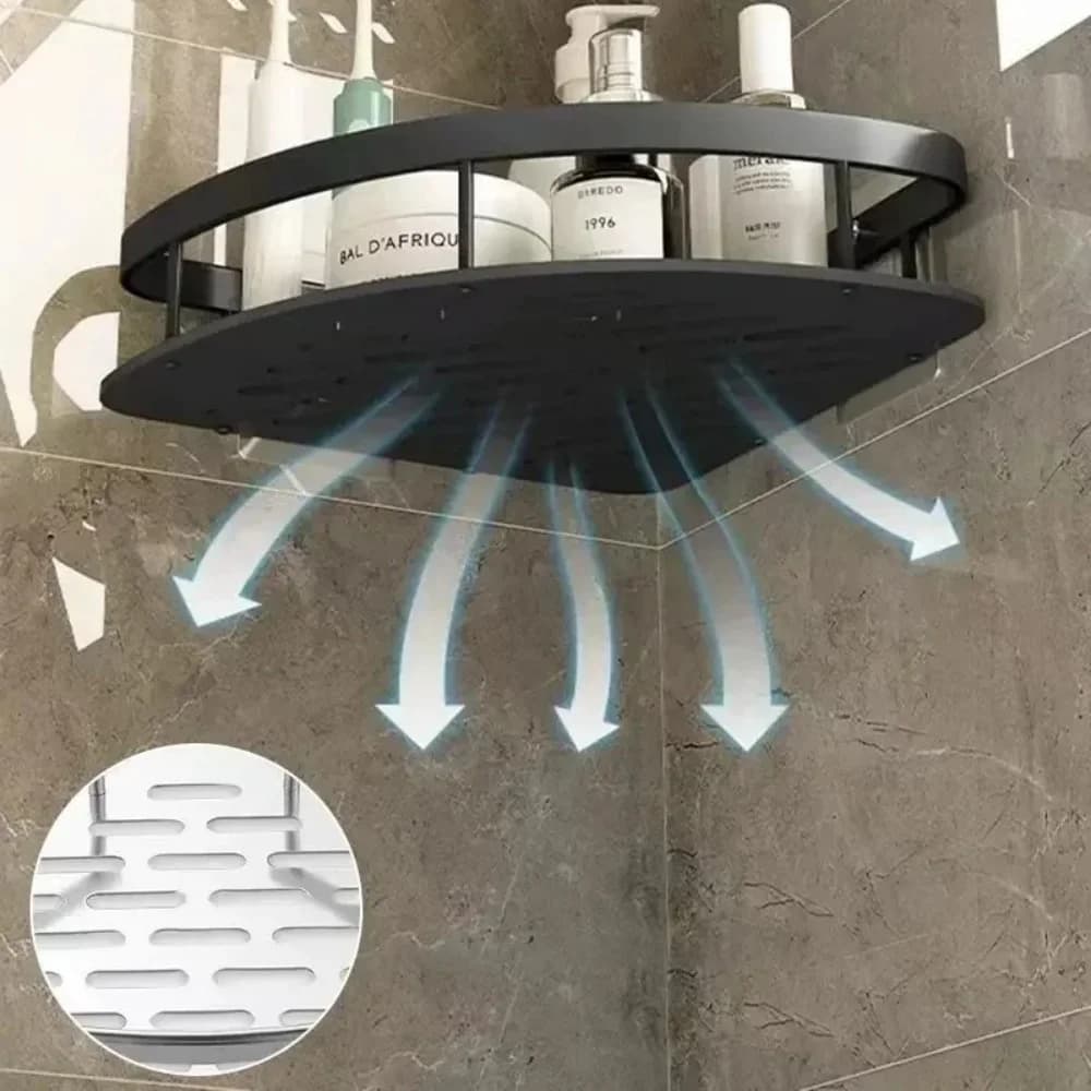 Organisateur de salle de bain de rangement d'angle, sans perceuse, étagère de rangement murale pour salle de bain, organisateur de support de douche avec panier de vidange adhésif