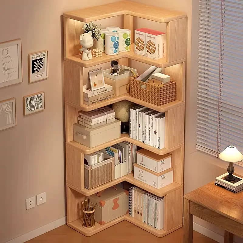 Bibliothèque d'angle en bois multicouche, armoire d'angle, étagère de rangement au sol, étagère de rangement, décorations pour la maison