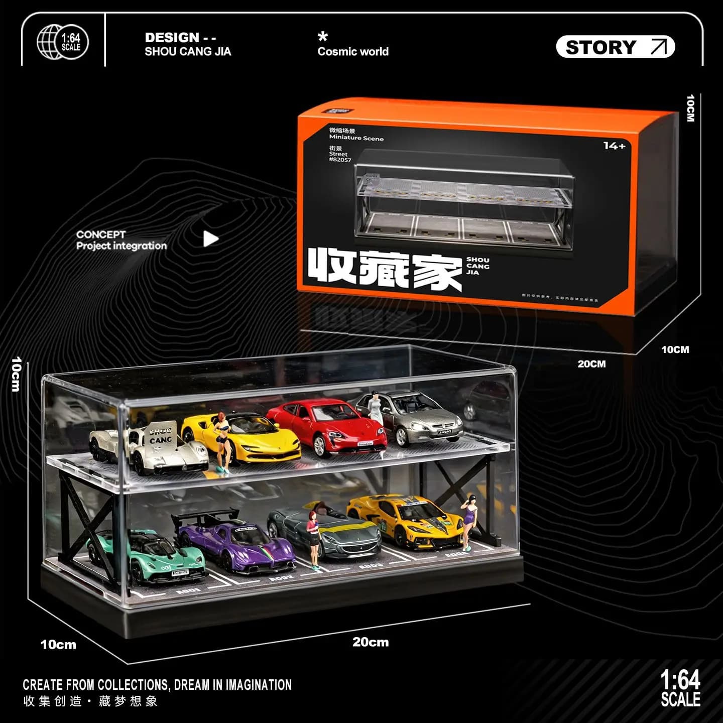 Scène miniature à l'échelle 1/64, garage à deux étages, modèle de parking, boîtes de rangement avec couvercle anti-poussière, vitrine pour modèle de voiture
