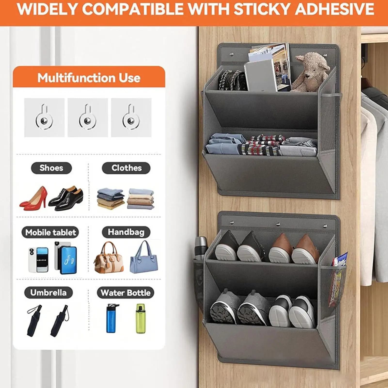 Sac de rangement mural pour chaussures, organisateur de chaussures RV, support de porte à dos adhésif avec poches profondes, sacs suspendus pour articles divers à espace étroit
