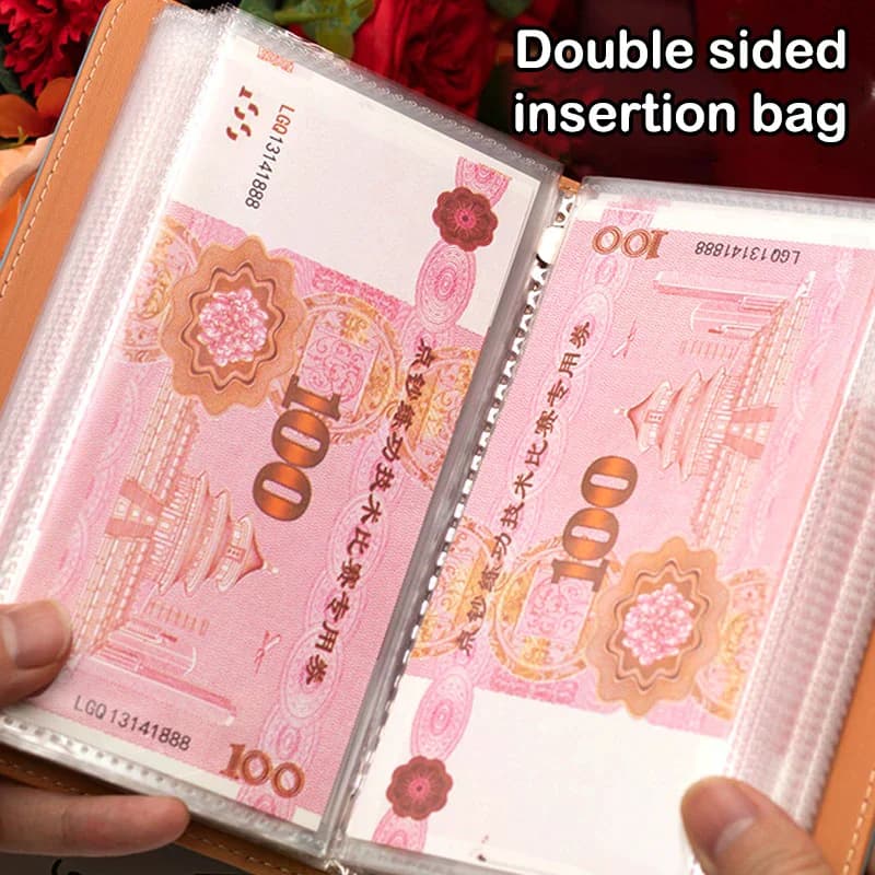 Livre de stockage de billets de banque en matériau PU, peut contenir 100 billets de banque, avec Photos de billets de banque, timbres, livre de stockage de cartes bancaires