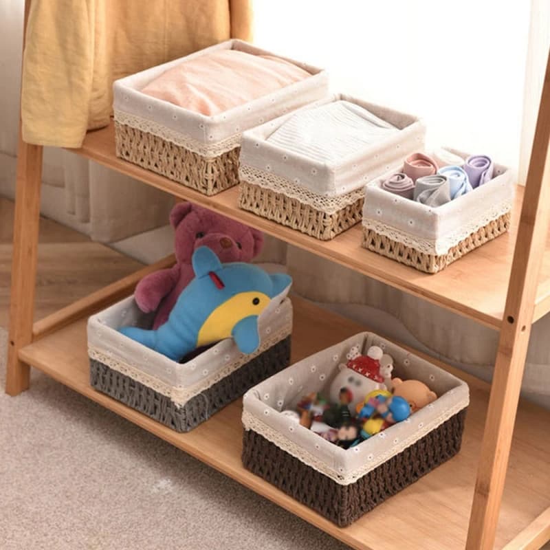 Panier de rangement en tissu avec couvercle, panier de rangement tissé de bureau, organisateur d'articles divers empilable, panier de rangement tissé en rotin pour la maison