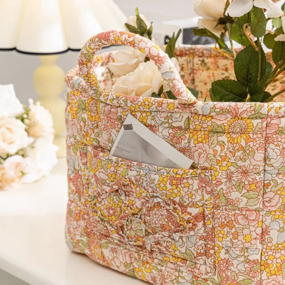 Panier de rangement en tissu à motif floral, grande capacité, poignées faciles à transporter, panier à linge en tissu, design matelassé, design pliable