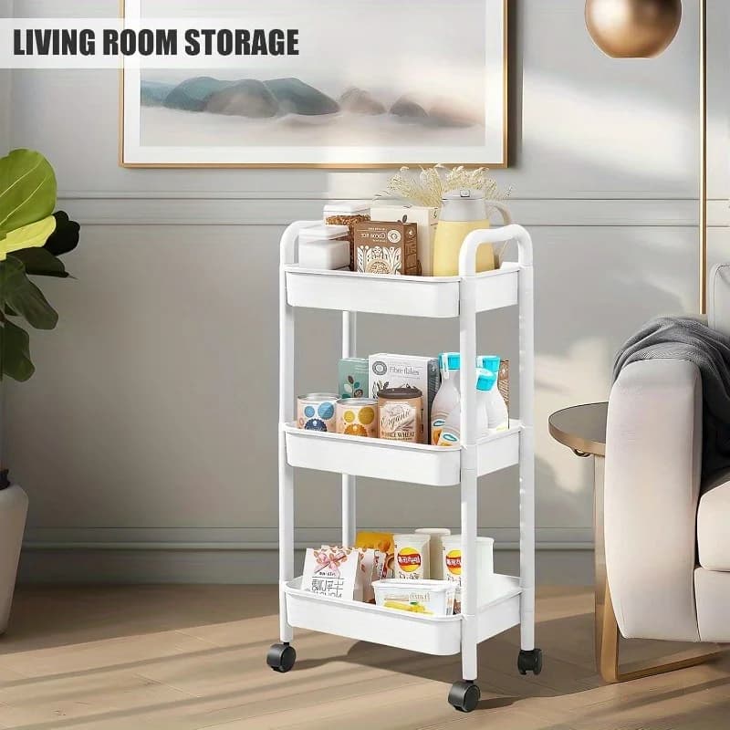 Chariot de rangement mobile à 3 niveaux avec roulettes – Étagère de rangement en plastique facile à assembler pour salle de bain, cuisine, camping-car et bureau