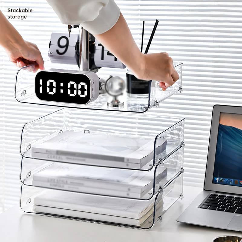 Boîte de rangement empilable pour fichier de bureau, support transparent, étagère pour livre et magazine, papier transparent T1, maison et bureau