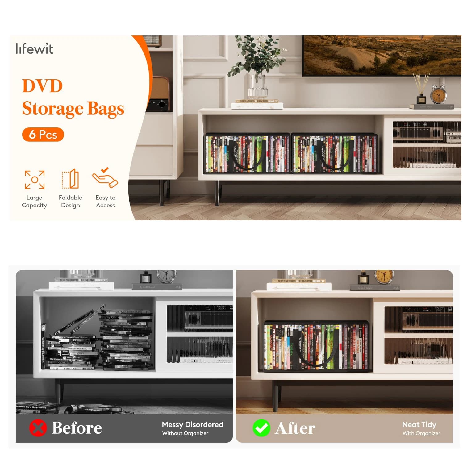 Organisateur de stockage de CD/DVD en tissu non tissé, 52x18x23cm, pour usage personnel, idée cadeau, collection de supports multimédias