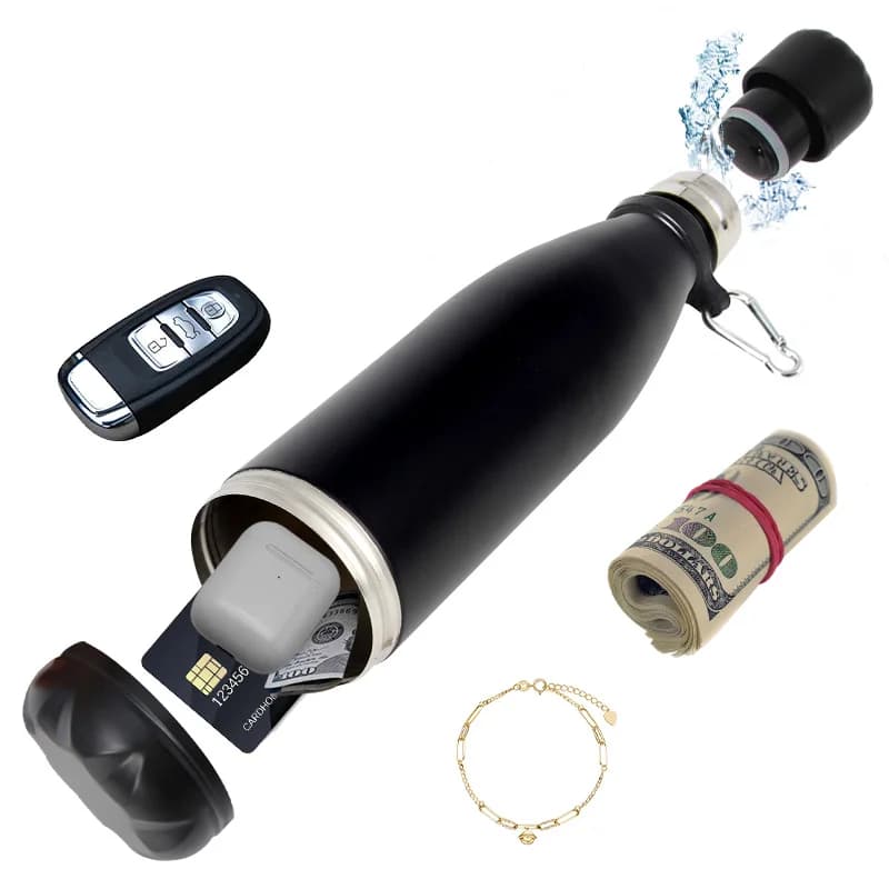 Bouteille d'eau de détournement secrète cachée en acier, coffre-fort secret, compartiment de rangement pour cartes, clés, argent liquide