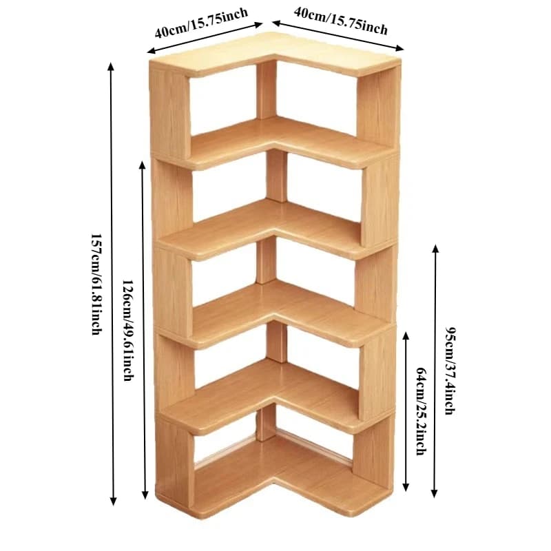 Bibliothèque d'angle en bois multicouche, armoire d'angle, étagère de rangement au sol, étagère de rangement, décorations pour la maison