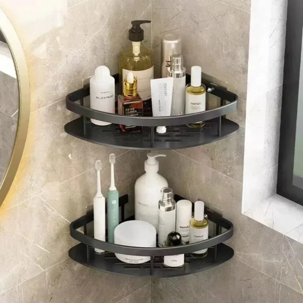 Organisateur de salle de bain de rangement d'angle, sans perceuse, étagère de rangement murale pour salle de bain, organisateur de support de douche avec panier de vidange adhésif