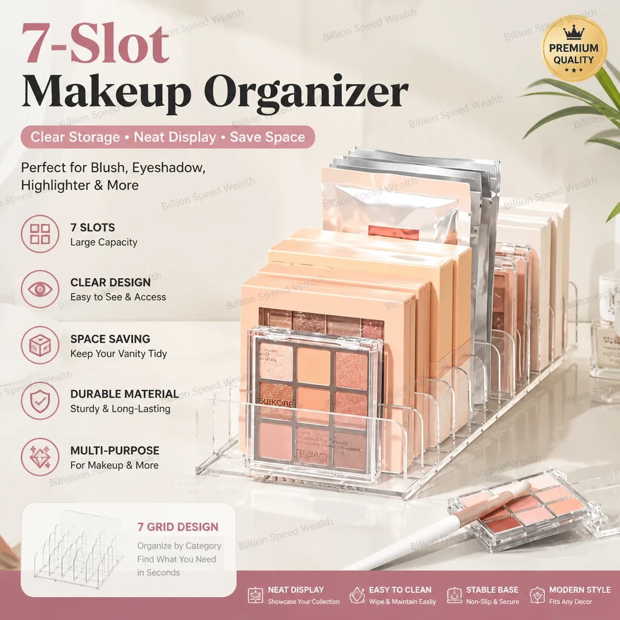 Boîte de rangement pour maquillage, étagère transparente à 7 compartiments, présentoir multi-cellules pour cosmétiques, fard à joues, fard à paupières, gain de place, durable