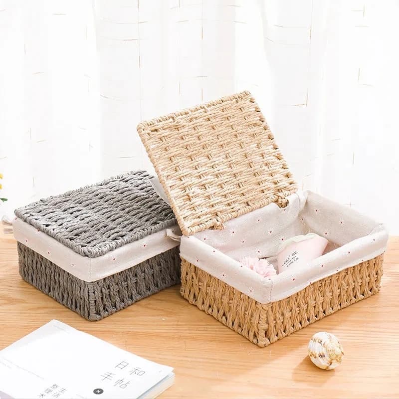 Panier de rangement en tissu avec couvercle, panier de rangement tissé de bureau, organisateur d'articles divers empilable, panier de rangement tissé en rotin pour la maison