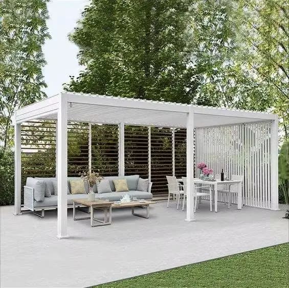 Pergola à persiennes en métal avec toit motorisé et lumières LED – Housse de patio de jardin extérie