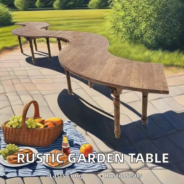 Table d'extérieur en bois incurvée de jardin rustique moderne avec sièges pour meubles d'hôtel pour pique-niques en plein air et mariages sur événements