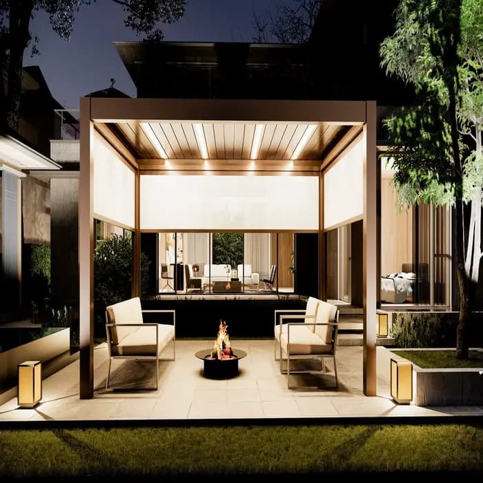 Pergola motorisée à persiennes extérieures en aluminium