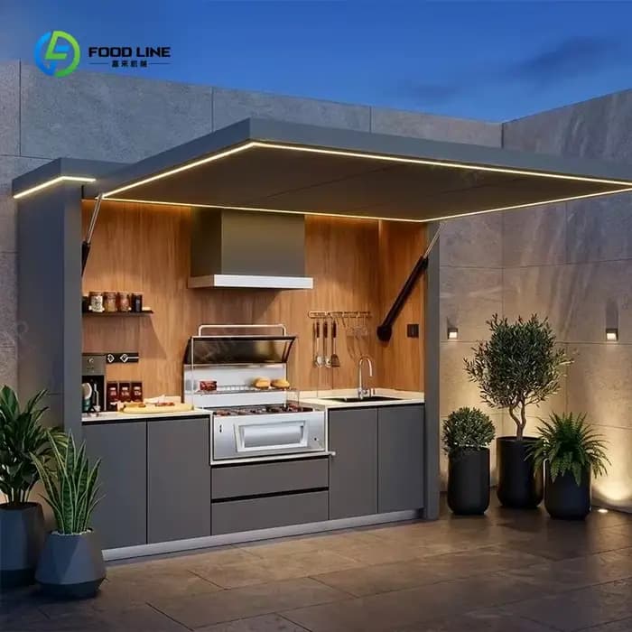 Cuisine extérieure compacte avec station de grillade et abri