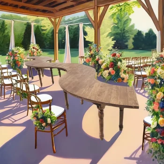 Table d'extérieur en bois incurvée de jardin rustique moderne avec sièges pour meubles d'hôtel pour pique-niques en plein air et mariages sur événements