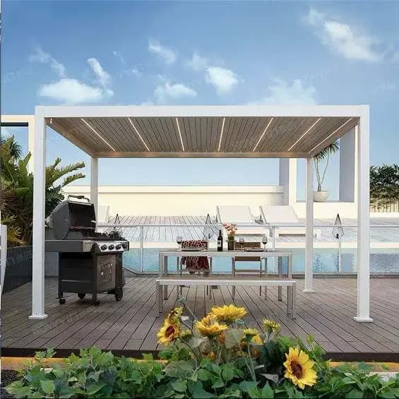 Pergola à persiennes en métal avec toit motorisé et lumières LED – Housse de patio de jardin extérieure étanche avec télécommande