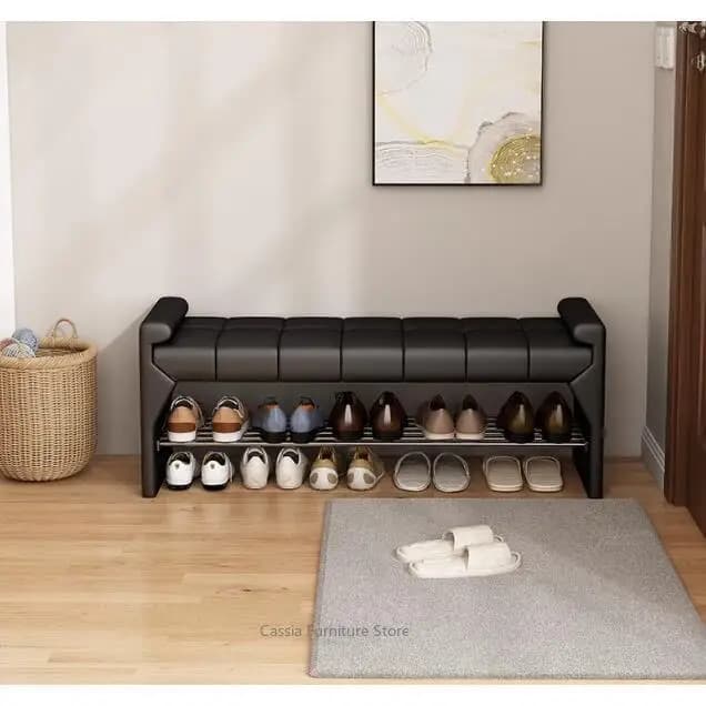 Banc à chaussures en cuir haut de gamme pour entrée, longue banquette avec rangement pour chambre, organisateur de couloir rustique et moderne pour porte d'entrée