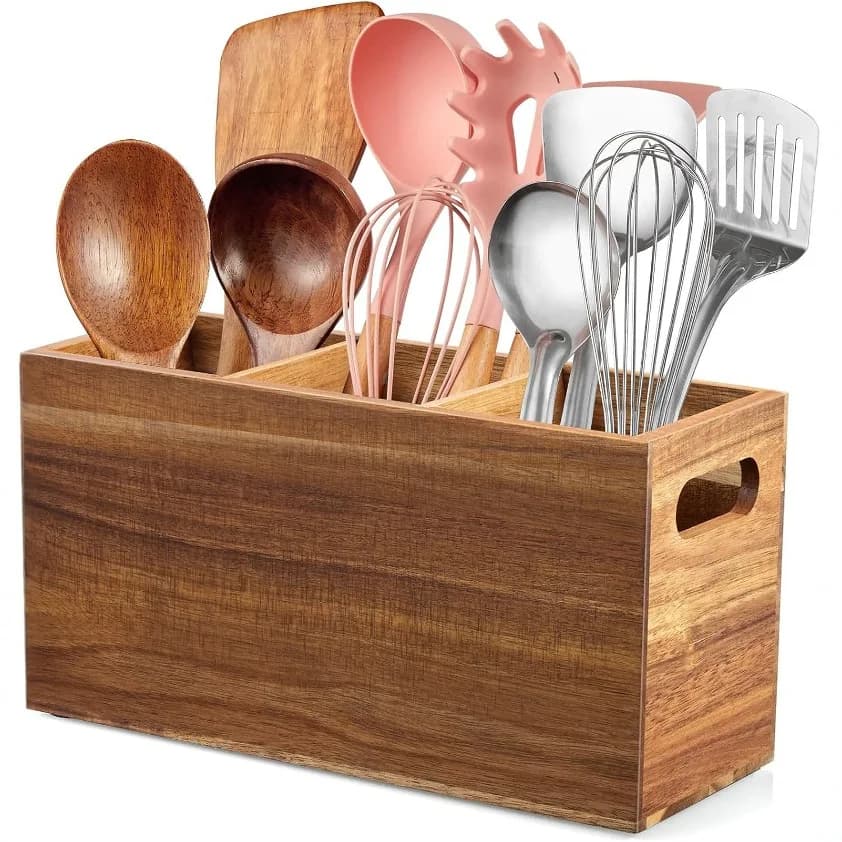 Organisateur de rangement d'ustensiles en bois, comptoir avec 3 compartiments réglables, porte-couverts de cuisine, organisateur de caddie en argenterie