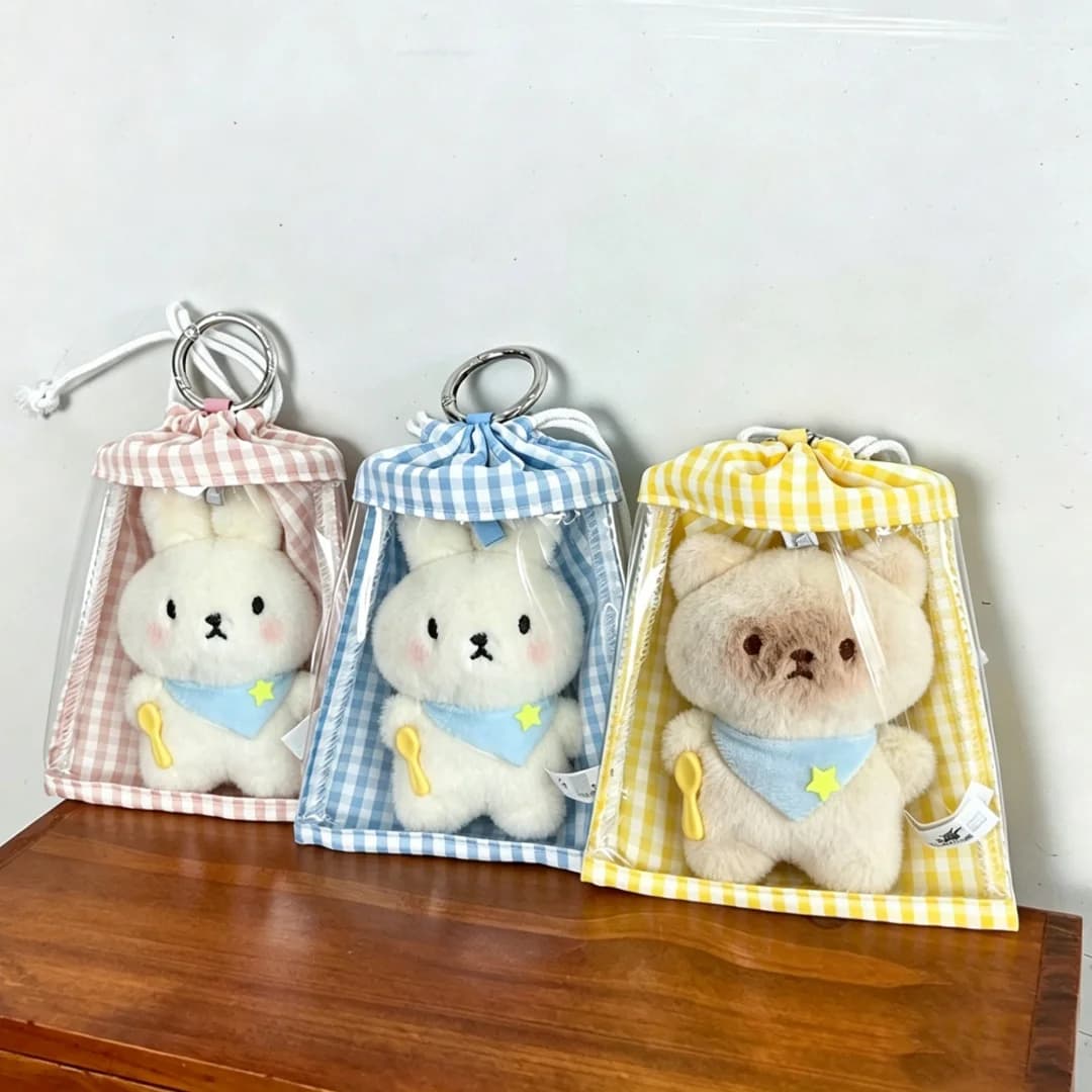 Sac de présentation pour jouets en peluche, sac de rangement à cordon de serrage à motif quadrillé visible, housse de protection anti-poussière, adapté au rangement des poupées en peluche, sac de tran