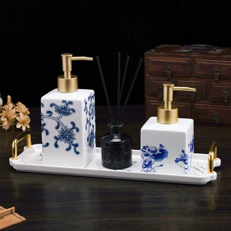 Bouteille de rangement en céramique pour shampooing et cosmétique, récipient bleu et blanc, table de lavage, accessoires pour hommes, 300ml