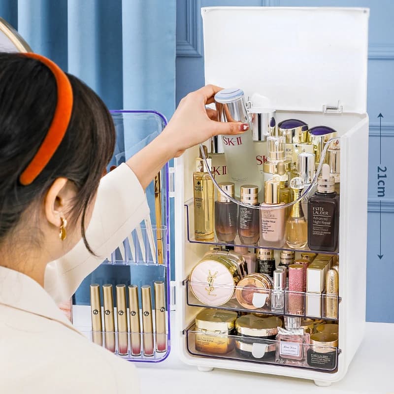Grande boîte de rangement de cosmétiques, légère, capacité de bureau de luxe, support de rangement anti-poussière, vanité domestique, rouge à lèvres, boîte de rangement de cosmétiques
