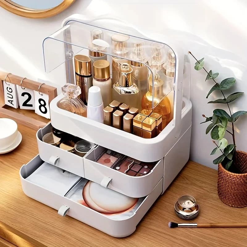 Organisateur de Comptoir de Coiffeuse avec Couvercle, Tiroir Étanche et Anti-Poussière, Boîte de Rangement pour Soins de la Peau, Présentoir de Maquillage
