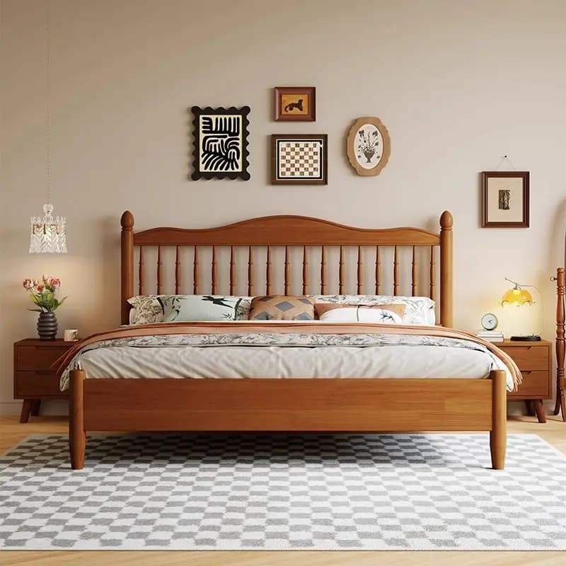 Lit de rangement moderne et minimaliste en bois massif avec tête de lit à tiges, vérin à gaz et tiroirs latéraux, cadre de lit double