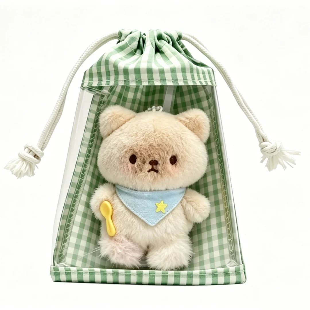 Sac de présentation pour jouets en peluche, sac de rangement à cordon de serrage à motif quadrillé visible, housse de protection anti-poussière, adapté au rangement des poupées en peluche, sac de tran