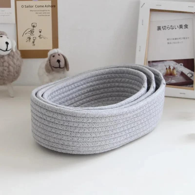 Panier de rangement de bureau, jouets, cosmétiques, boîte de rangement de papeterie de bureau, panier de rangement de fil de coton tissé à la main, panier en forme de bateau