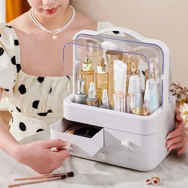 Organisateur de Comptoir de Coiffeuse avec Couvercle, Tiroir Étanche et Anti-Poussière, Boîte de Rangement pour Soins de la Peau, Présentoir de Maquillage