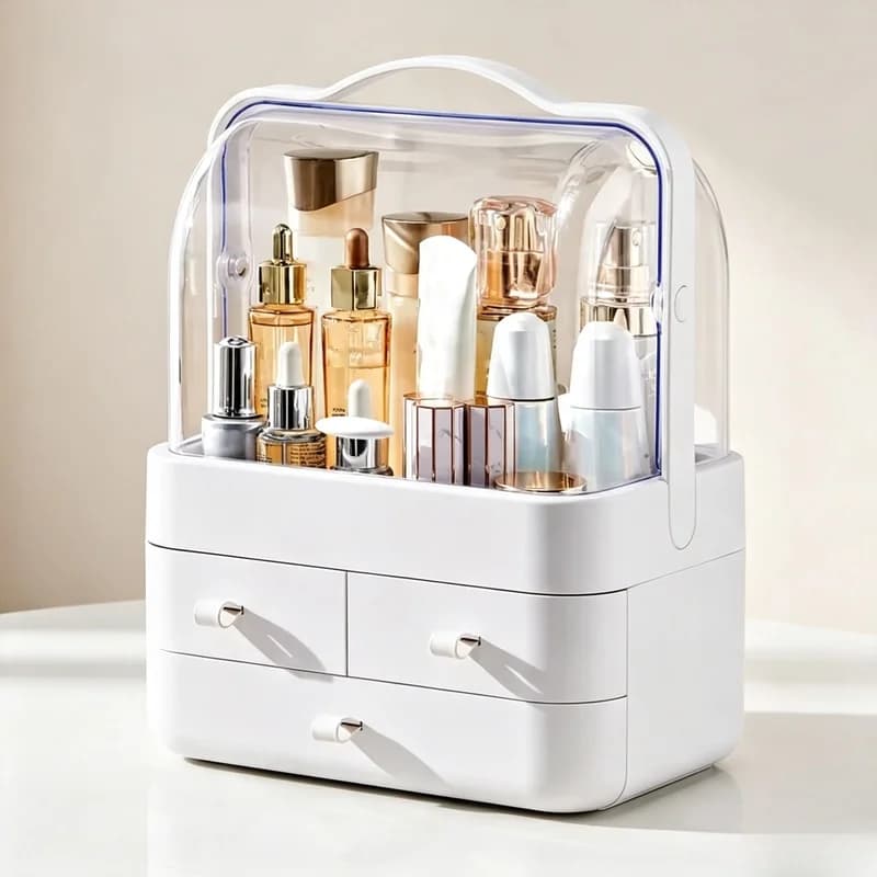 Organisateur de Comptoir de Coiffeuse avec Couvercle, Tiroir Étanche et Anti-Poussière, Boîte de Rangement pour Soins de la Peau, Présentoir de Maquillage