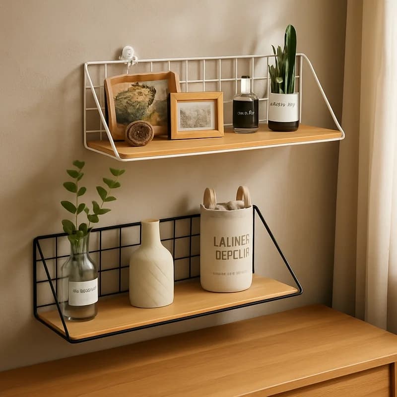 Étagère murale en bois avec panier de rangement, installation sans perçage, idéale pour l'organisation de la chambre et du salon