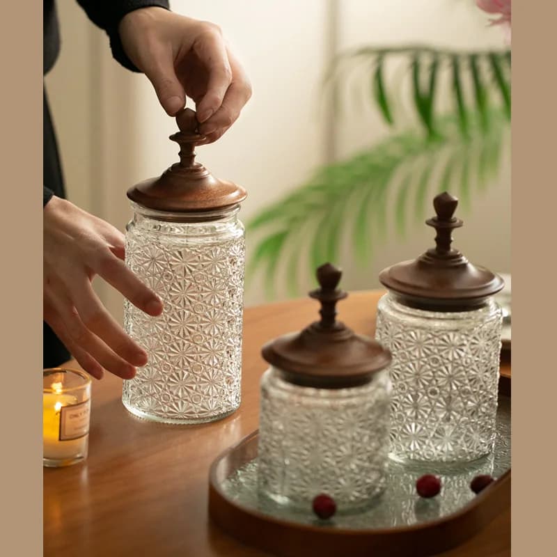 Bouteille de stockage en verre avec couvercle en bois de santal, excavatrice, bocal scellé, stockage de cuisine, boîtes de bonbons, vintage, stockage de grains de café