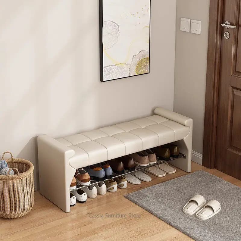 Banc à chaussures en cuir haut de gamme pour entrée, longue banquette avec rangement pour chambre, organisateur de couloir rustique et moderne pour porte d'entrée