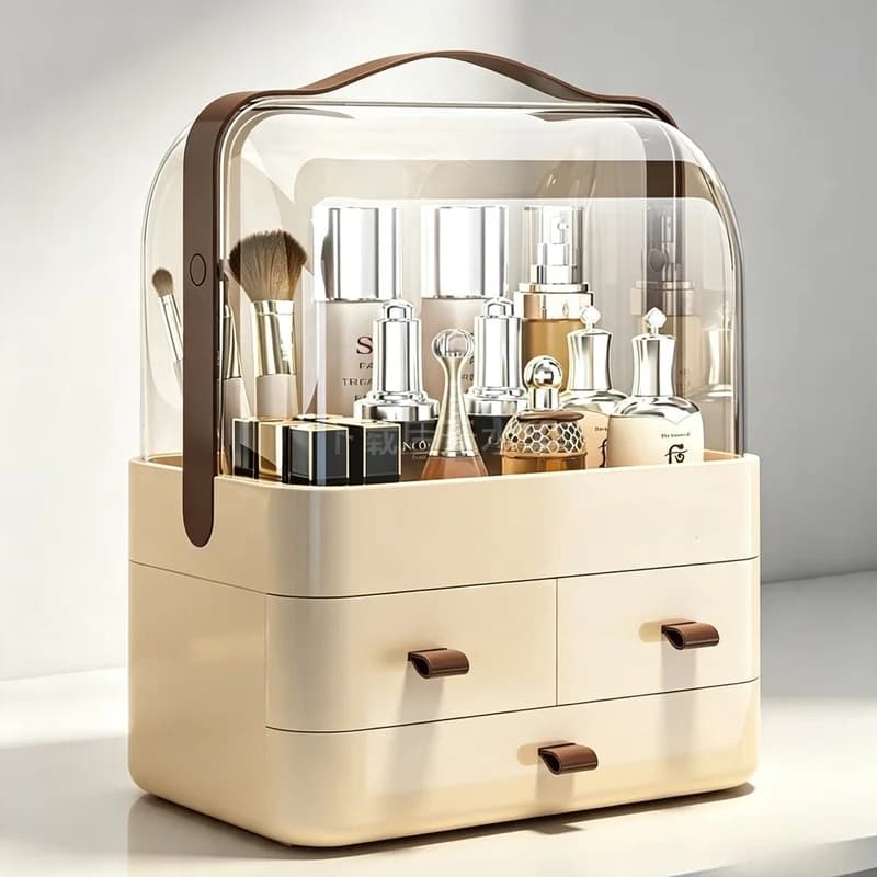 Organisateur de Comptoir de Coiffeuse avec Couvercle, Tiroir Étanche et Anti-Poussière, Boîte de Rangement pour Soins de la Peau, Présentoir de Maquillage