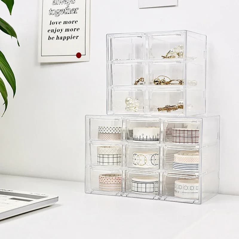 Organisateur de bijoux, boîte de rangement de bureau, étagère à tiroir transparente, boîte de décoration de cheveux stationnaire, étui de rangement empilé